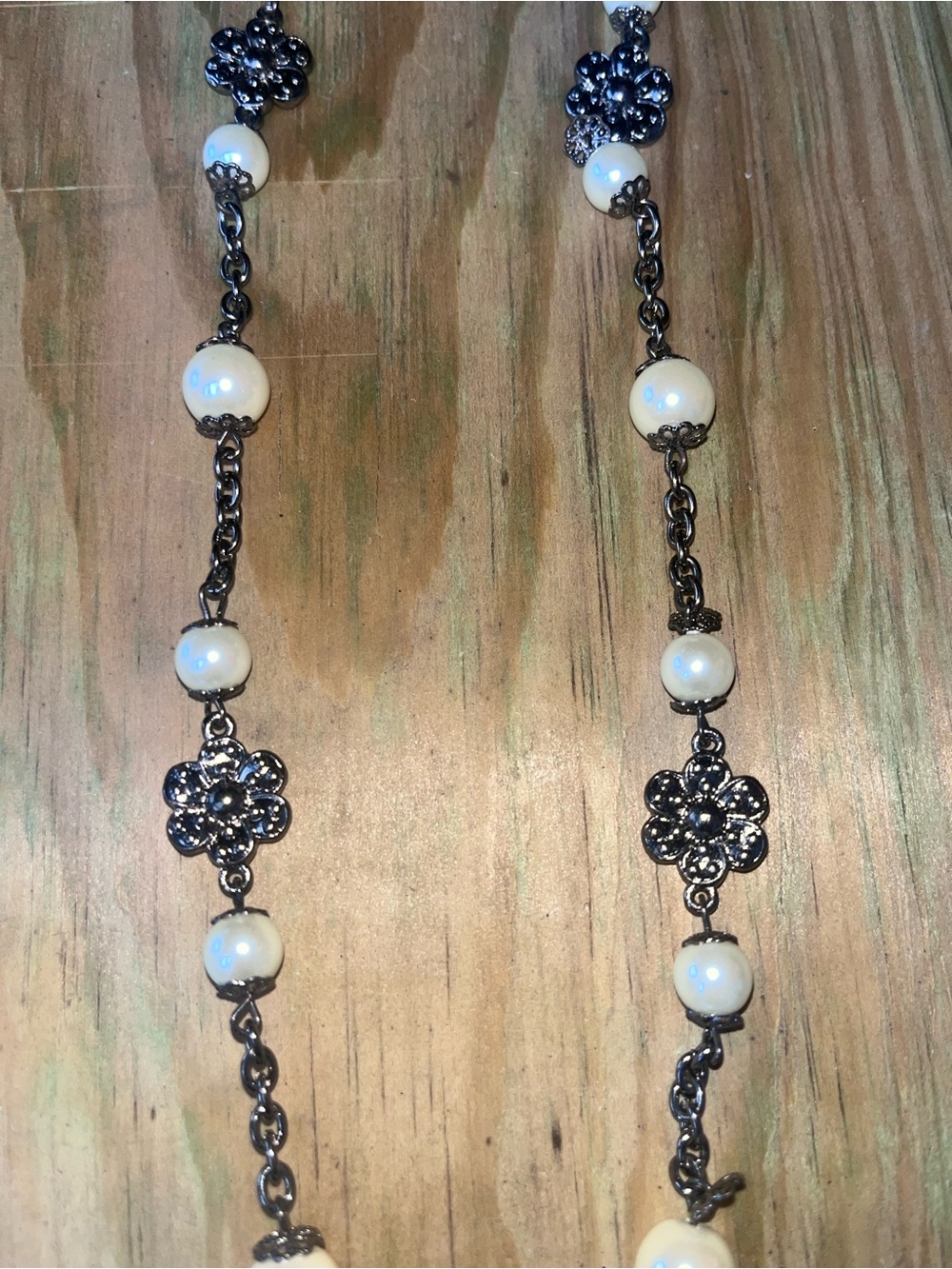 Vintage Gunmetal Floral Chain Necklace with White Pearlescent Beads